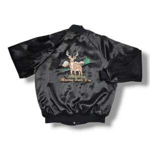 Vintage Black Nylon Bomber Jacket Buck Deer Design Snap Front Sportsmaster L